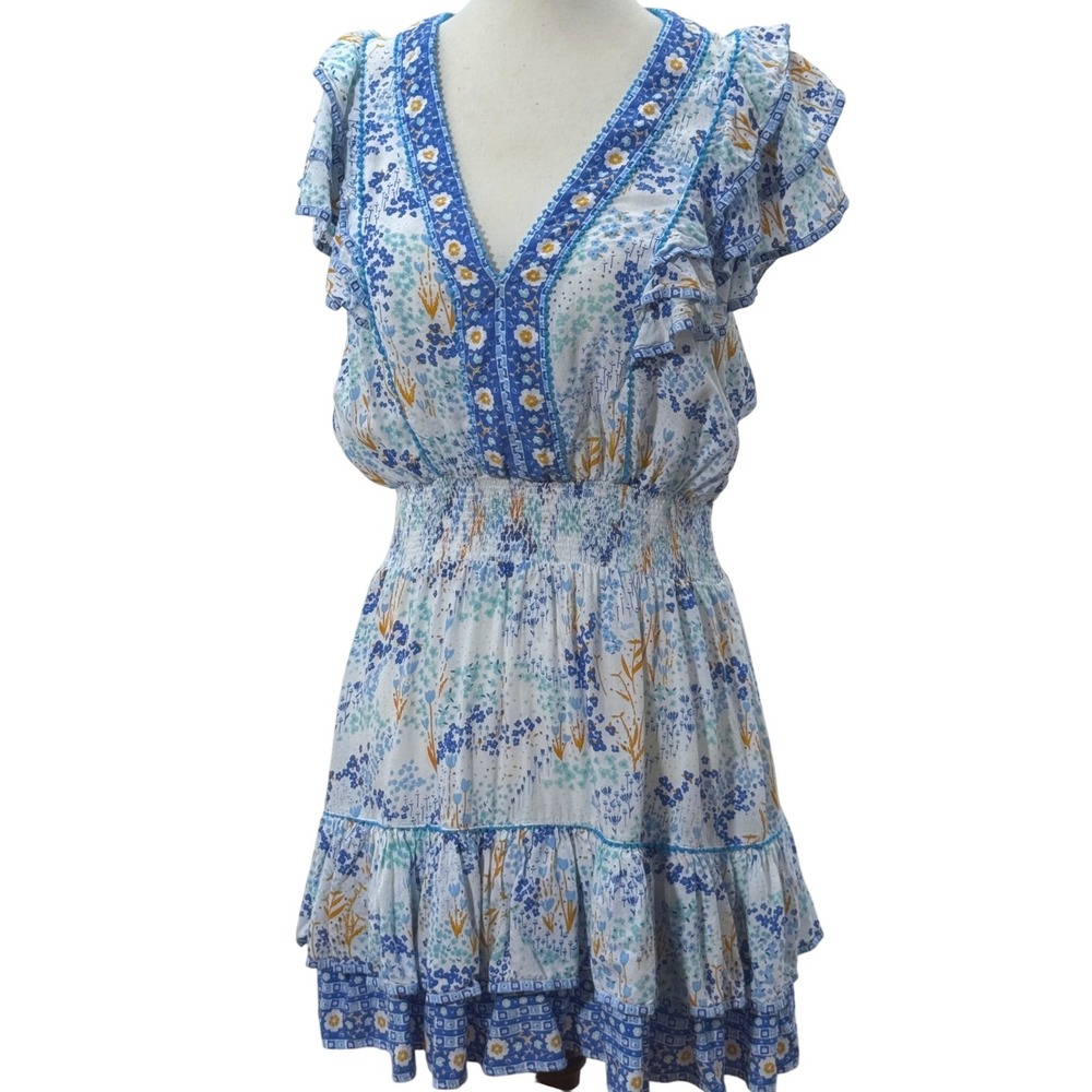 Poupette St Barth Sasha Mini Dress MED Blue Floral Feminine Dainty Garden Party